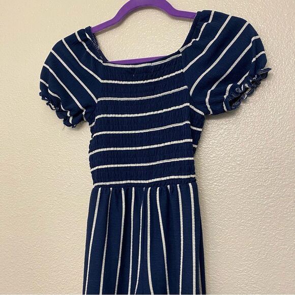 Navy blue puff sleeve wide leg smocked Striped stretchy Jumpsuit Romper 10-12 - Picture 3 of 8